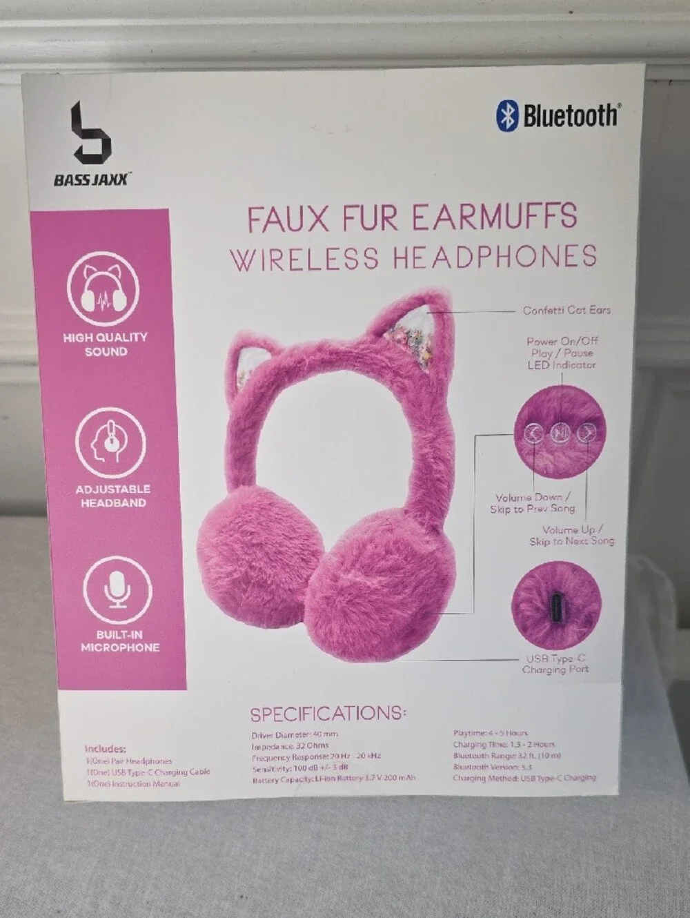 Pink Faux Fur Earmuffs Bluetooth Wireless Headphones with Microphone